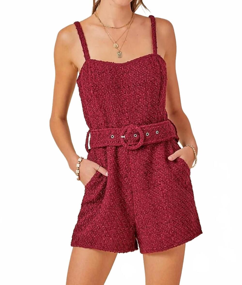 NEW DAY + MOON rowdy belted romper in maroon tweed